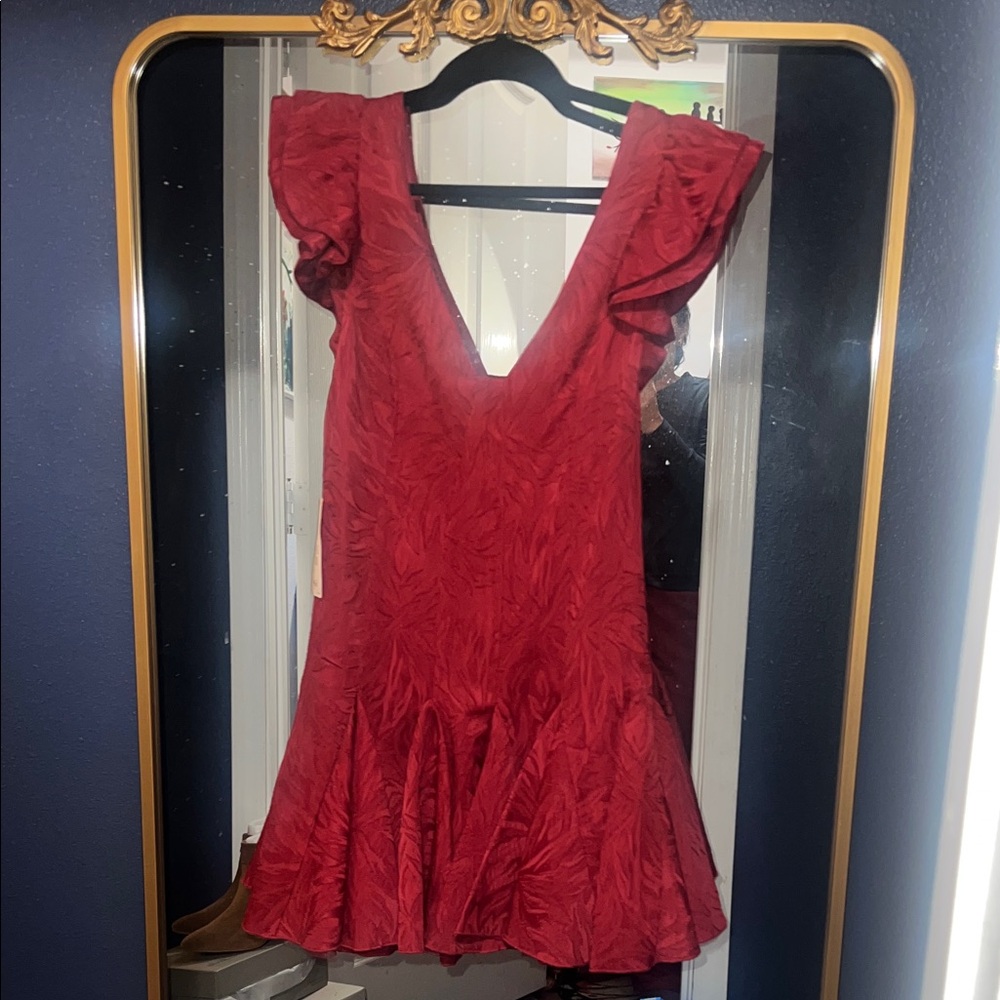 Free People Red Mini Dress with Ruffle Sleeves